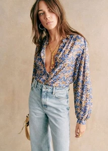 Sézane Irina Floral Printed Blouse Size 36 US 4 Blue Brown Viscose Silk Sezane - Picture 1 of 10