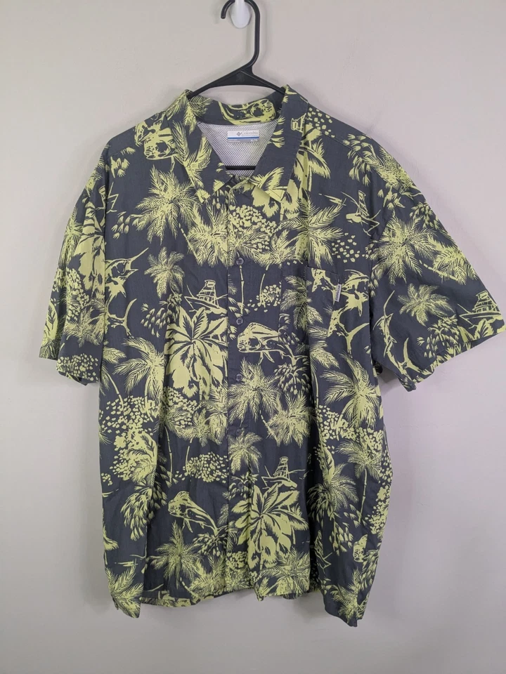 Camisa Columbia Para Hombre Extra Grande Gris Abotonada Manga Corta Floral Pesca Foto 1 de 4