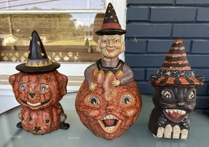 Jack O'Lantern Halloween Set of 3 VTG Terra Cotta Witch Cat BRN Crackle Folk Art - Picture 1 of 24