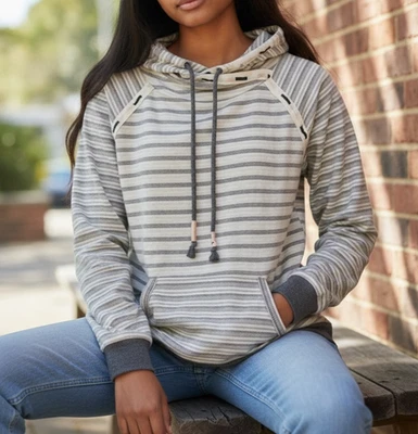 MAURICES Homeward Striped Hoodie | Gray White XL | Pullover Lounge Relax Casual - Image 1 of 4