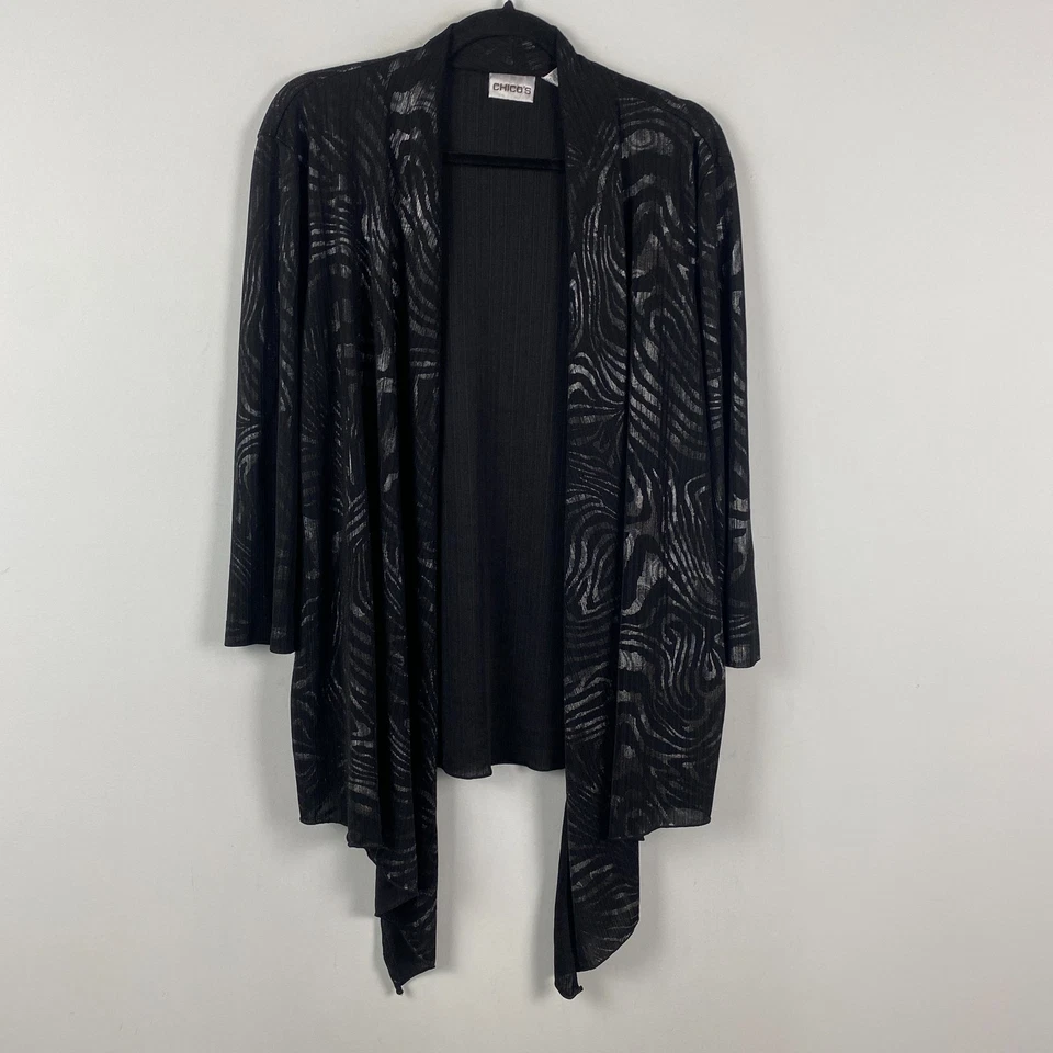 Cárdigan Abierto Chicos Estampado Negro y Plateado Talla 3 US XL Mangas Abiertas 3/4 Transparente Foto 1 de 4