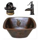 15" Square Copper Bar Prep Sink with GRAPES design and 2" Drain and ORB Faucet