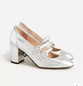 J.Crew 7.5 Maisie Mary Jane Double-Strap Heels Italian Leather In Silver Mirror - Picture 1 of 6