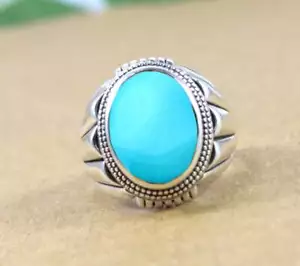 Solid 925 Sterling Silver AA Blue Turquoise Gemstone Signet Men's Unisex Ring - Picture 1 of 12