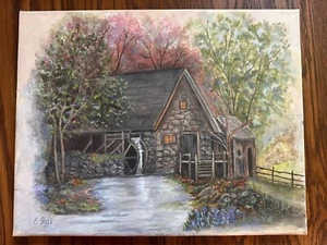 SIGNED Mill Building Water Trees Painting On Canvas By ETTA IZZI 2010 - Picture 1 of 2