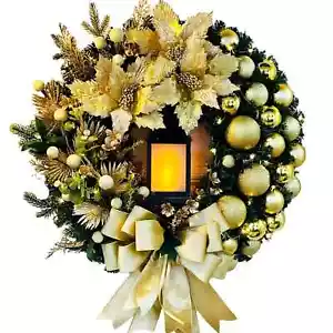 Elegant CHRISTMAS.DOOR WALL,WREATH 16",Gold Glitter, Bow,with LED Light Lantern - Picture 1 of 11