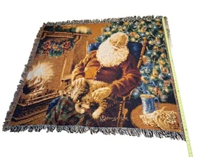 Sleepy Santa Claus W/ Cat  Christmas Holiday Woven Tapestry Throw Couch Blanket  - Picture 1 of 14