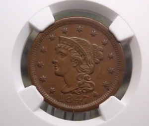 1847 Braided Hair Large Cent 1c NGC AU58 BN #015 About Uncirculated ECC&C, Inc. - Picture 1 of 5