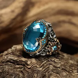 925 Sterlingsilber Schmuck Handarbeit Herren Ring Aquamarin Stein alle Größen 016 - Bild 1 von 5