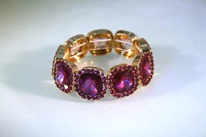 Purple Stretch Rhinestone Bracelet Square and Round Stones gold tone 7 1/2" - Picture 1 of 2