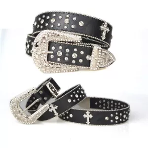 New Woman Girl Cowgirl Rhinestone Bling Studded Dress Western Leather Belt - Picture 1 of 8