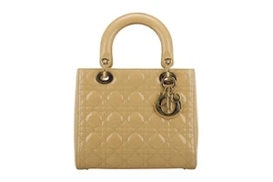 Dior Lady Dior Medium Beige Patent Leather Shoulder Handbag Gold Hardware - Picture 1 of 11