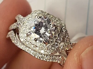 PalmBeach Platinum-Plated Sterling Silver CZ Double-Halo Crossover Bridal Set - Picture 1 of 7