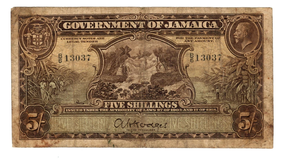 Jamaica Law 27/1904 and 17/1918 5 Shillings #32a ~ King George V ~ Very Rare! - Image 1 of 2