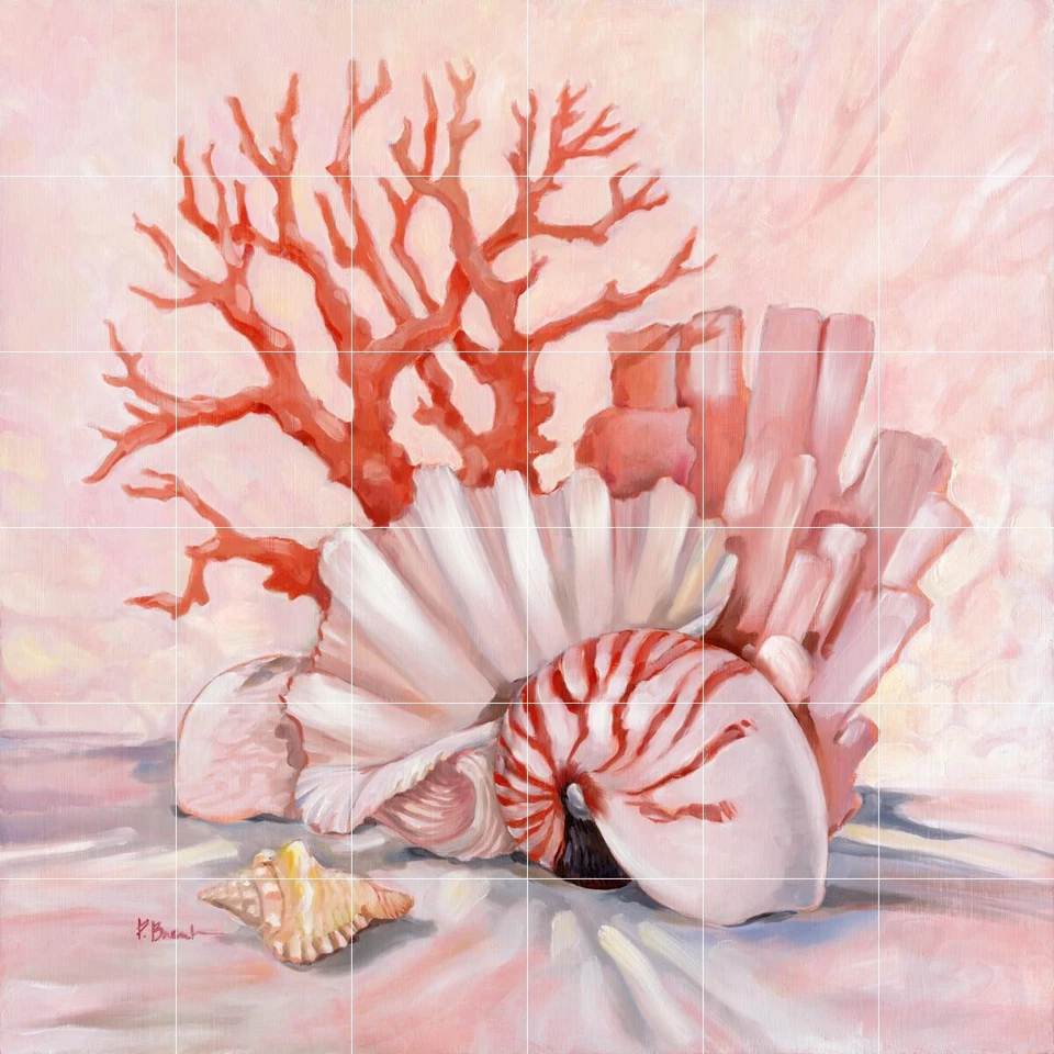 Mural de azulejos de salpicadero de cerámica con temática de concha marina - Bodegón de coral 1 Foto 1 de 1