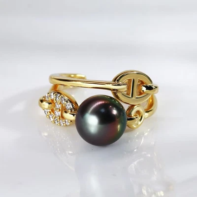 Impresionante anillo de perlas verdes negras redondas tahitianas de 9-10 mm 925s (aj) Foto 1 de 3