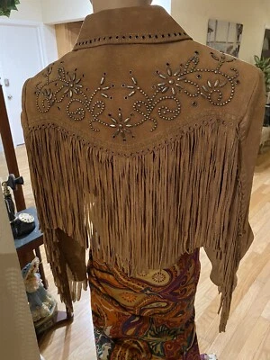 Cripple Creek Fringed Studded Western Beige Tan Suede Leather Jacket Sz S Small - Image 1 of 4