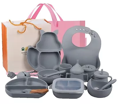 Juego de alimentación de bebé de silicona de 15 piezas con ventosa placa cuchara tenedor taza babero sin BPA Foto 1 de 4