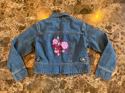 American Girl Denim Jean Jacket Pink Floral Applique Zip Youth M Embroidery EUC! - Image 1 of 4
