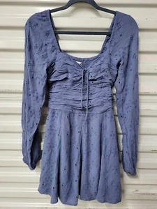 Hollister Blue Puff Sleeve Fit & Flare Boho Mini Dress Size S Eyelet Lace NWT - Picture 1 of 12