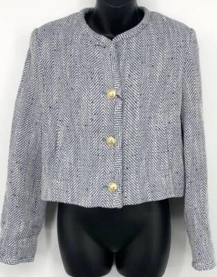 NEW Zara Womens Blue White Chevron Cropped Blazer Medium Long Sleeve Gold Button - Image 1 of 4