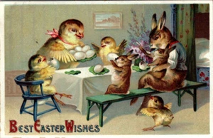 MIGLIORI AUGURI DI PASQUA - CENA FAMIGLIA DI PULCINI E CONIGLI - CARTOLINA VACANZE IN RILIEVO - Foto 1 di 2