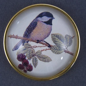 LARGE PICTURE BUTTON WITH CRYSTAL DOME - CHICKADEE - Picture 1 of 1