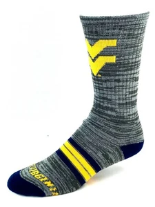 West Virginia Mountaineers Gray RMC Navy & Gold Quad Stripe Deuce Crew Socks - Picture 1 of 2