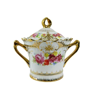 Vintage ROYAL SCOTLAND Porcelain 5" Sugar Bowl Jar Reticulated Hearts Gold Trim - Picture 1 of 10