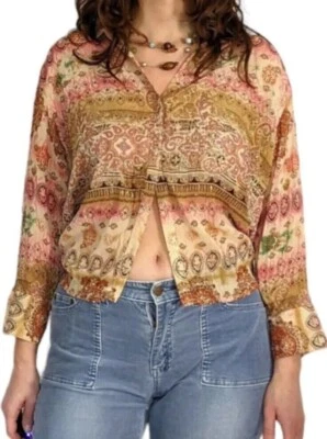 Blusa Essentials Mujer Boho Translúcida Grande Rosa Beige Paisley Hilos Dorados Foto 1 de 4