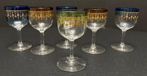 6 venezianische goldbesetzte Wein Cocktail GLÄSER KELCHE farbige Ränder Vintage - Bild 1 von 12