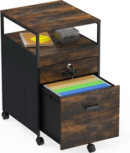 Rolling File Cabinet with 2 Drawers and Open Shelf, Rustic Brown - Picture 1 of 12