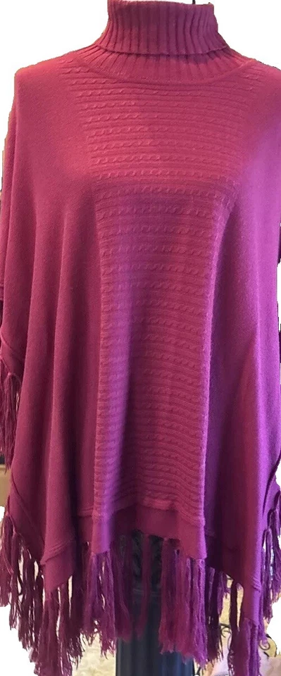 👠🥻❤️Boston Proper Pancho Mujer Borgoña Capa Envoltura Flecos Cuello Alto Talla S Foto 1 de 4