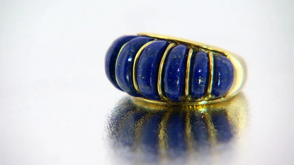 925 Sterling Silver Gold Plated Carved Natural Lapis Lazuli Domed Ring Size 7 - Image 1 of 4