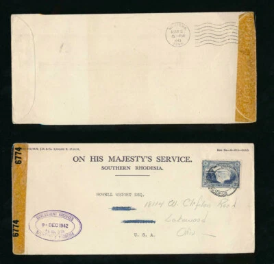 RHODESIA WW2 CENSURADO OFICIAL IMPRESO OHMS ENV a EE. UU. 3d FALLS FRANKING 1942 Foto 1 de 3
