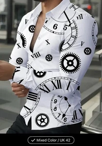 Men’s Clocks Retro Print Long Sleeved Shirt White Black Size 42 XL - Picture 1 of 3