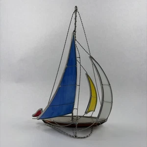 Vintage Buntglas und Draht Segelboot blau, gelb, weiß und rot - maritim - Bild 1 von 6