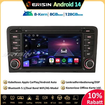 8+128GB Android 14 Autoradio CarPlay für AUDI A3 S3 RS3 RNSE-PU GPS Navi DAB+ 4G - Bild 1 von 4