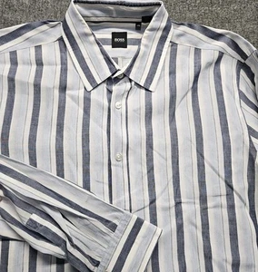 Hugo Boss Shirt Mens XXL White Blue Striped Linen Blend Long Sleeve Button Up - Picture 1 of 10