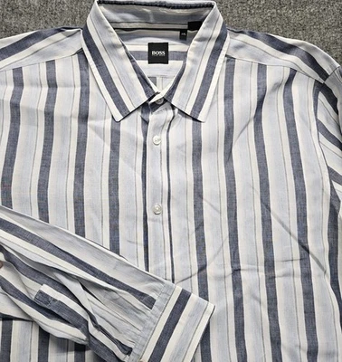 Hugo Boss Shirt Mens XXL White Blue Striped Linen Blend Long Sleeve Button Up - Image 1 of 4