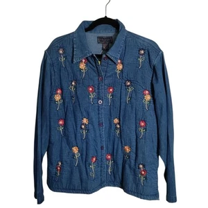 Vintage Life Style Plus Woman's Cotton Floral Embroidered Button Front Shirt - Picture 1 of 9