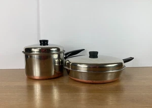 Revere Ware Copper Maid Copper Bottom 3qt Sauce Pot & 10" Skillet Lid Dbl Circle - Picture 1 of 13