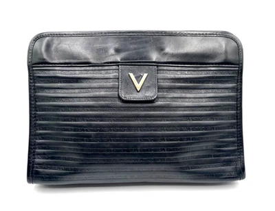 Auth Mario VALENTINO Clutch Bag V Mark Leather Black _0162 - Image 1 of 4