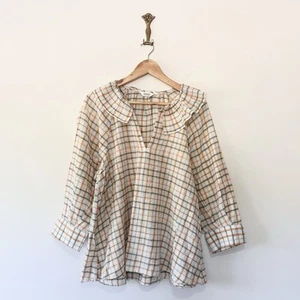Toast Gingham Collared Cotton Blouse Top Size M Green Mustard V-Neck Scandi - Picture 1 of 9