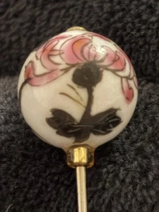 Antique Hat Pin Enamel Porcelain Ball 1.5” ball 2.7”L abstract flowers - Picture 1 of 17