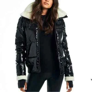 SAM. Nikki Stepp Daunen Puffer Jacke Lamm Lamm Lamm Lammfell Besatz glänzend schwarz Bomber *S - Bild 1 von 15