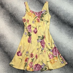 90s Victoria's Secret Medium Floral 100% Silk Yellow Pink Spring Mini Dress - Picture 1 of 8