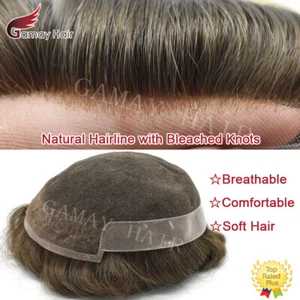 Mens Toupee French Lace Front Hairpiece Poly Skin PU Hair System Replacement Wig - Picture 1 of 50