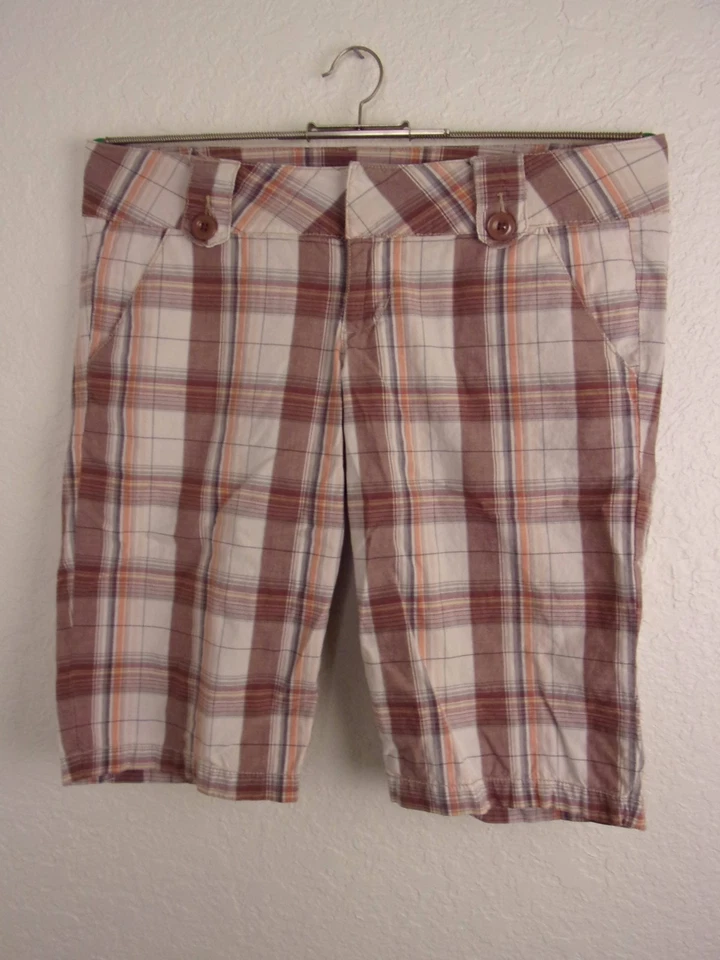 L.E.I. Bermudas Pantalones Cortos Junior Talla 9 Cuadros Marrón Blanco Naranja Para Mujer Algodón  Foto 1 de 4