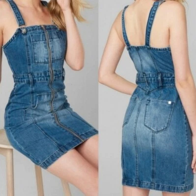 Bebe Dress Denim Overall Dual Adj. Straps Clips Zip Front Back Pockets Blue NWT  - Imagem 1 de 2